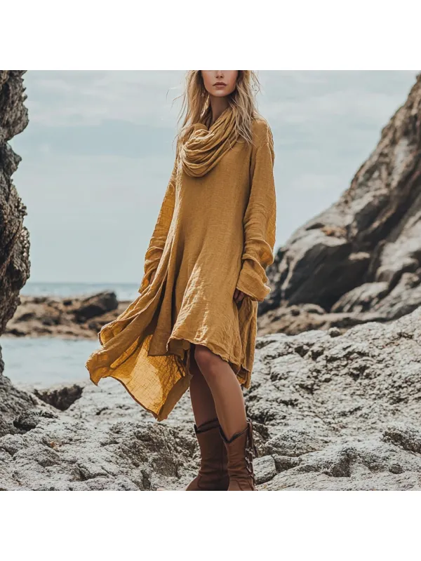 Bohemian Irregular Hem Pile Collar Linen Dress - Cominbuy.com 