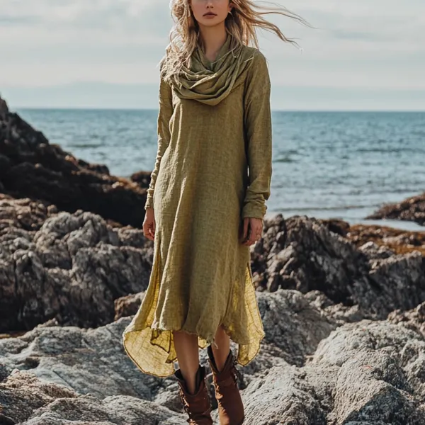 Bohemian Irregular Hem Pile Collar Linen Dress - Anurvogel.com 