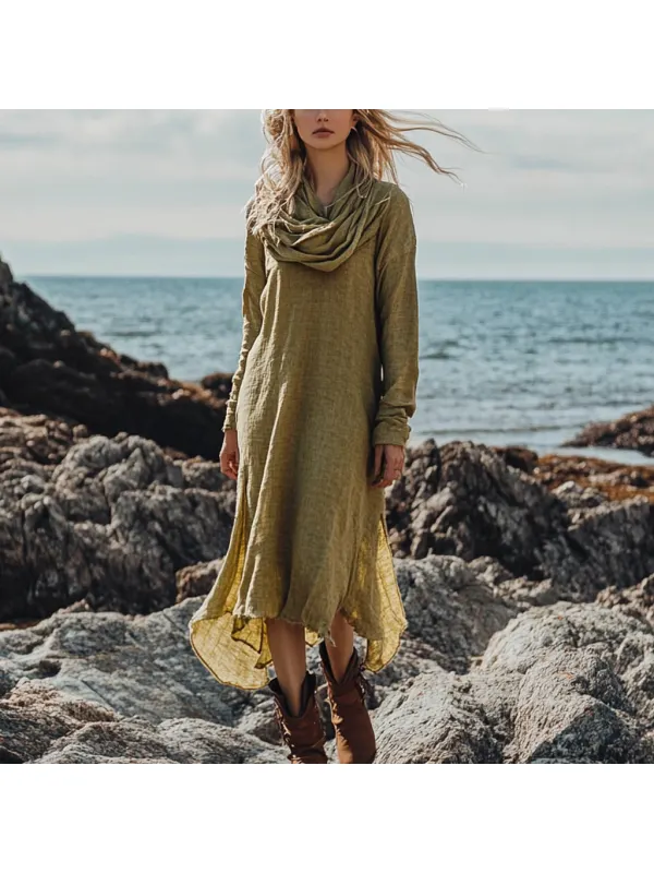 Bohemian Irregular Hem Pile Collar Linen Dress - Cominbuy.com 