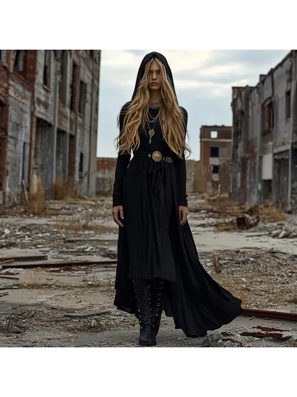 Wasteland Style Solid Color Doomsday Ruins Hooded Dress - Cominbuy.com 