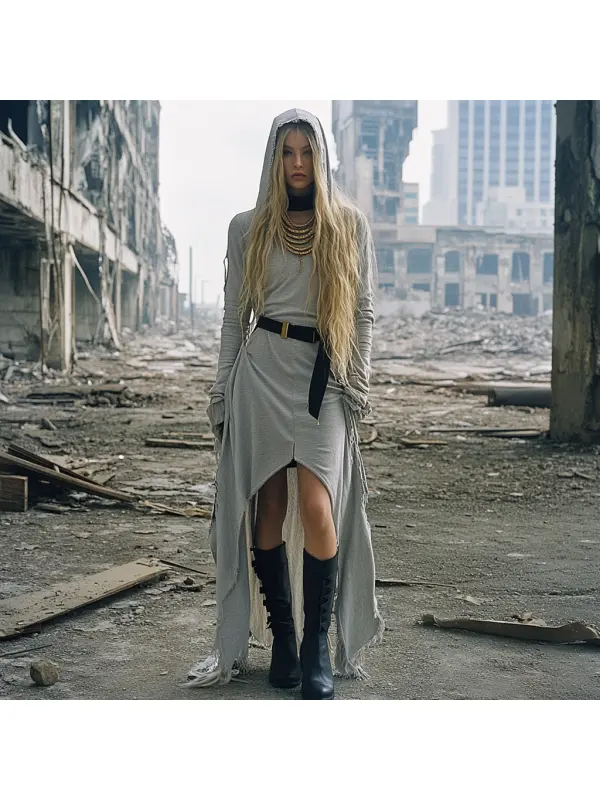 Wasteland Style Solid Color Doomsday Ruins Hooded Dress - Cominbuy.com 