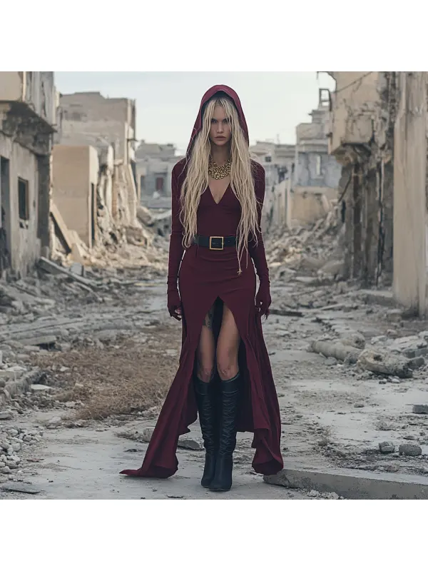 Wasteland Style Solid Color Doomsday Ruins Hooded Dress - Cominbuy.com 