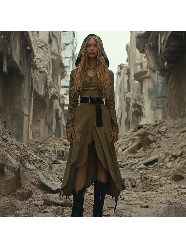 Wasteland Style Solid Color Doomsday Ruins Hooded Dress - Cominbuy.com 