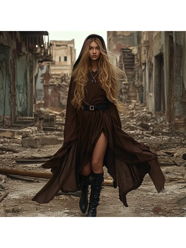 Wasteland Style Solid Color Doomsday Ruins Hooded Dress - Cominbuy.com 