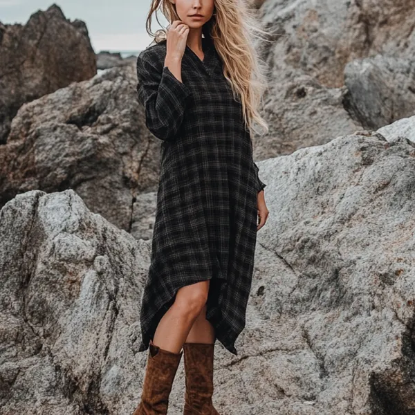 Bohemian Irregular Hem Pile Collar Linen Dress - Anurvogel.com 