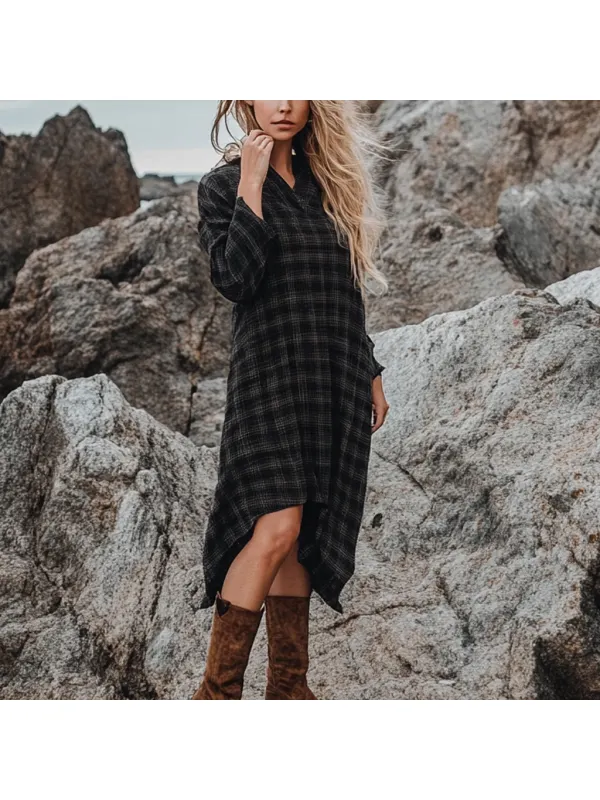 Bohemian Irregular Hem Pile Collar Linen Dress - Cominbuy.com 