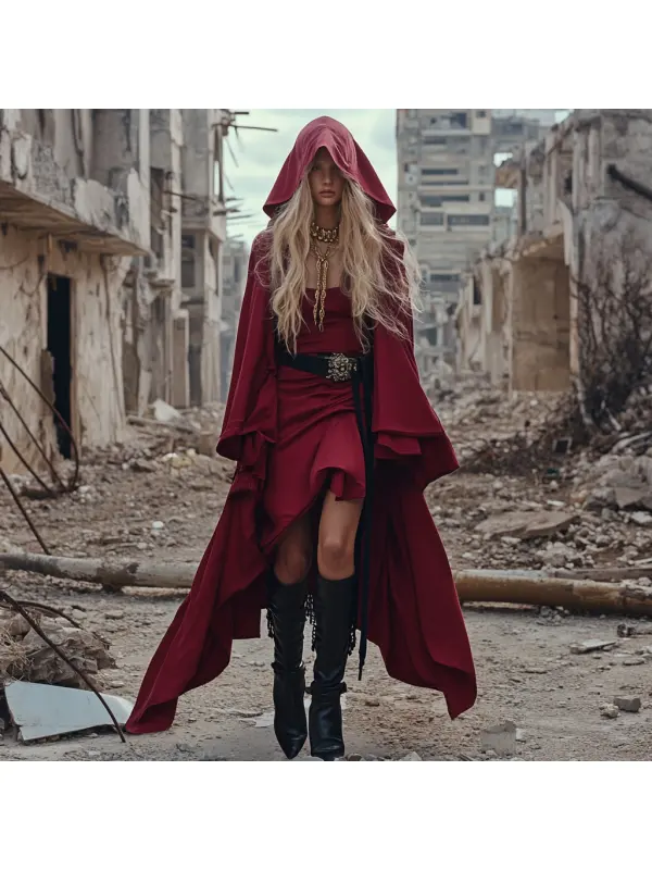 Wasteland Style Solid Color Doomsday Ruins Hooded Dress - Cominbuy.com 