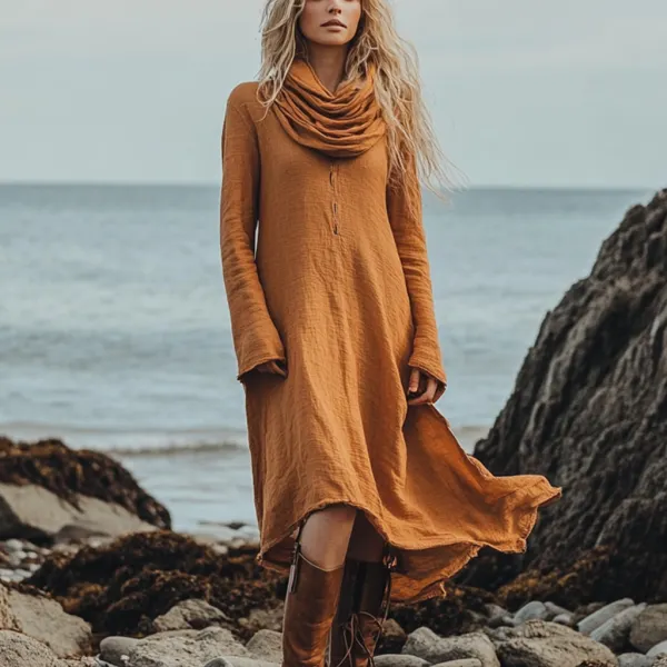 Bohemian Irregular Hem Pile Collar Linen Dress - Anurvogel.com 