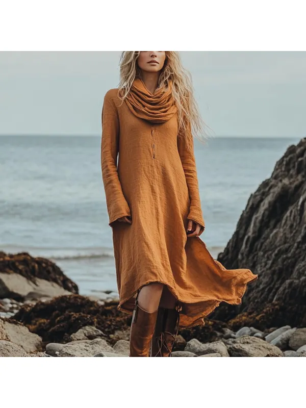 Bohemian Irregular Hem Pile Collar Linen Dress - Ootdmw.com 