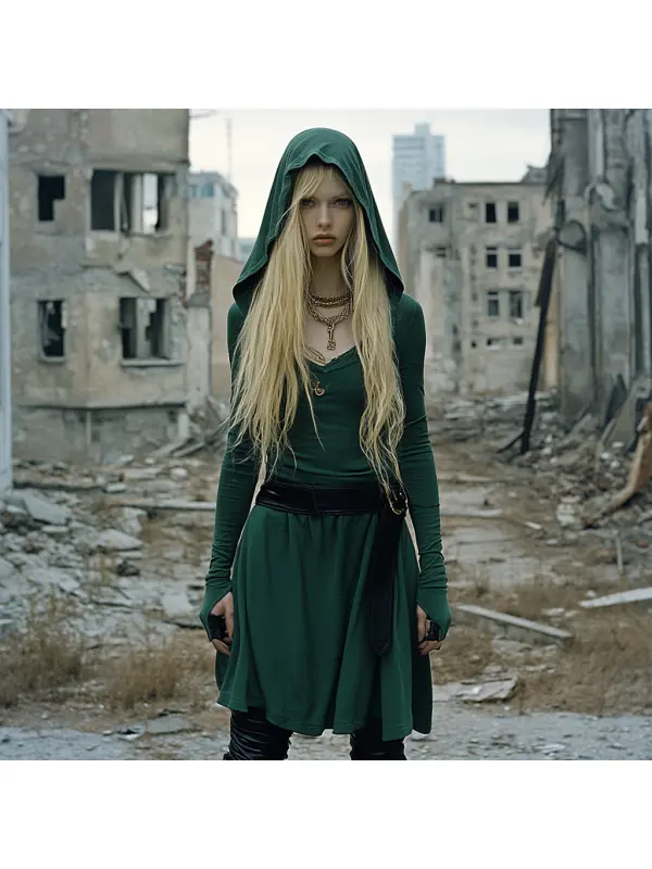 Wasteland Style Solid Color Doomsday Ruins Hooded Dress - Cominbuy.com 