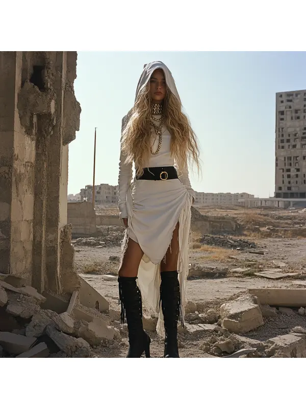 Wasteland Style Solid Color Doomsday Ruins Hooded Dress - Cominbuy.com 
