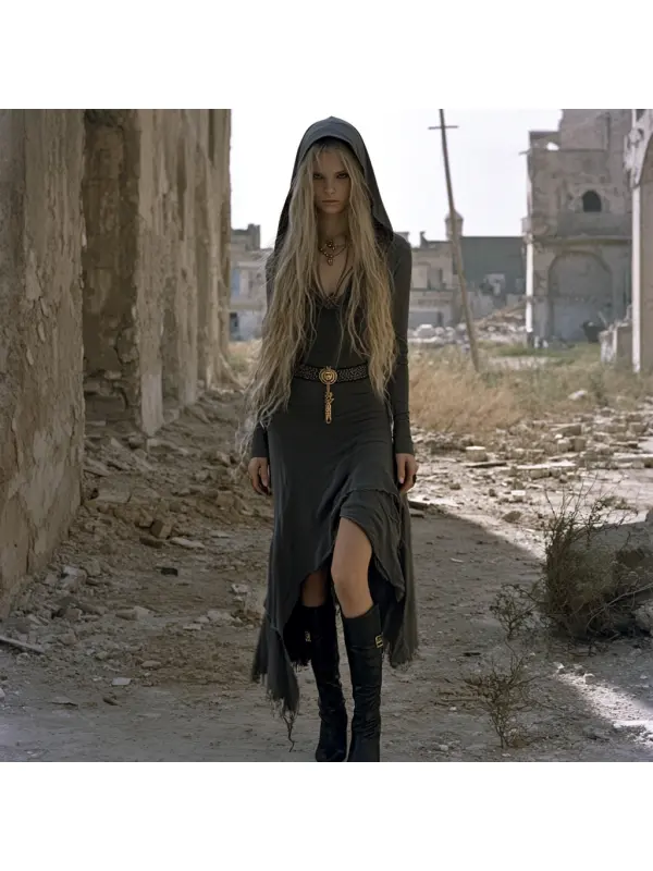 Wasteland Style Solid Color Doomsday Ruins Hooded Dress - Cominbuy.com 