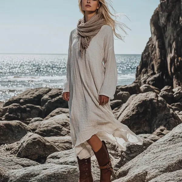 Bohemian Irregular Hem Pile Collar Linen Dress - Anurvogel.com 