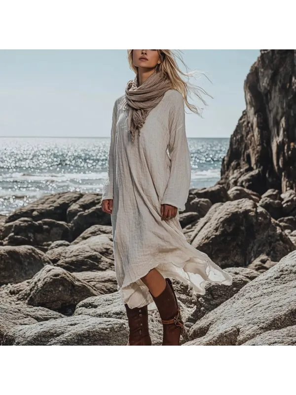 Bohemian Irregular Hem Pile Collar Linen Dress - Cominbuy.com 