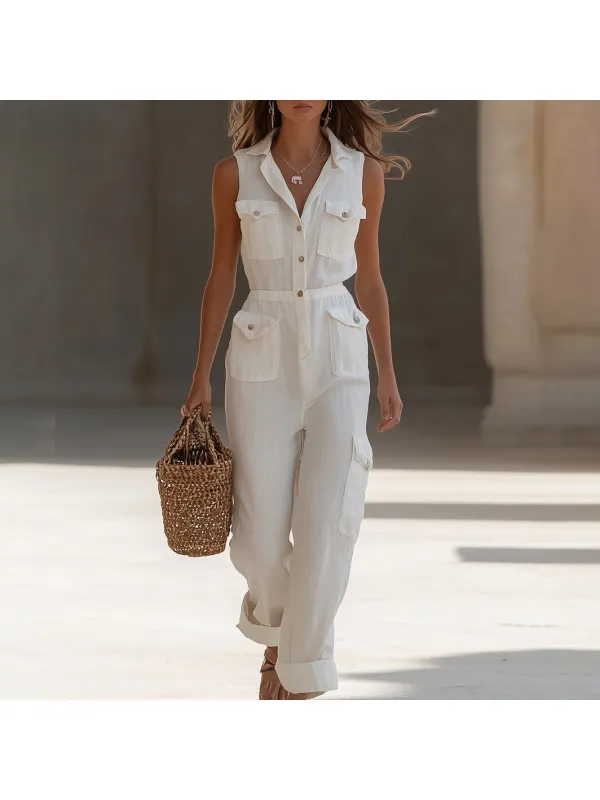 Casual Loose Sleeveless White Linen Jumpsuit - Cominbuy.com 