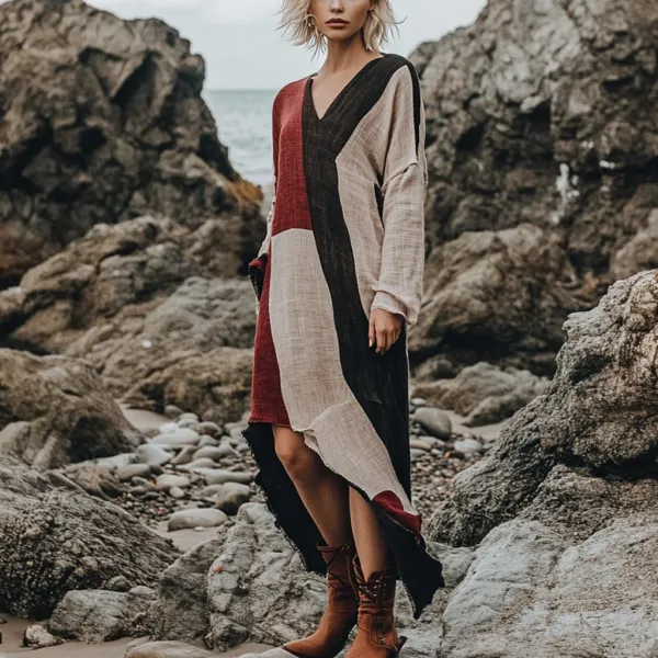 Bohemian Irregular Hem Pile Collar Linen Dress - Anurvogel.com 