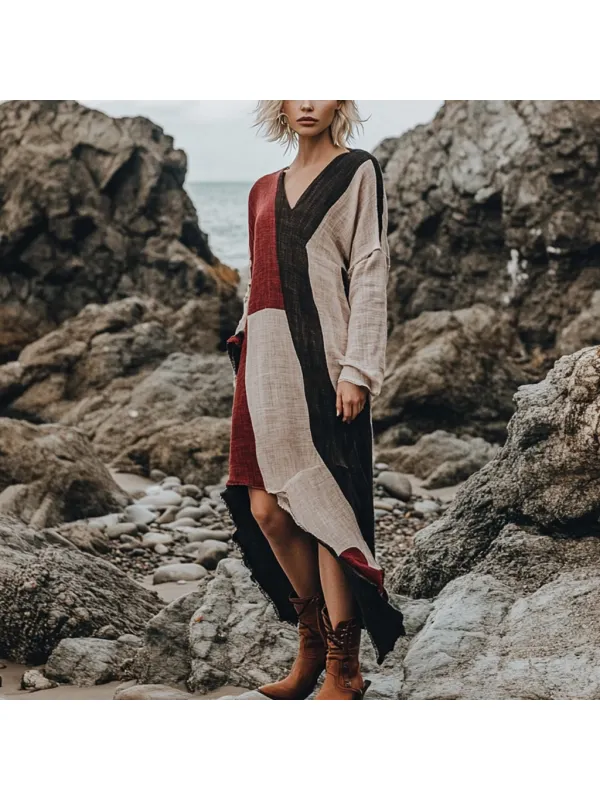 Bohemian Irregular Hem Pile Collar Linen Dress - Cominbuy.com 