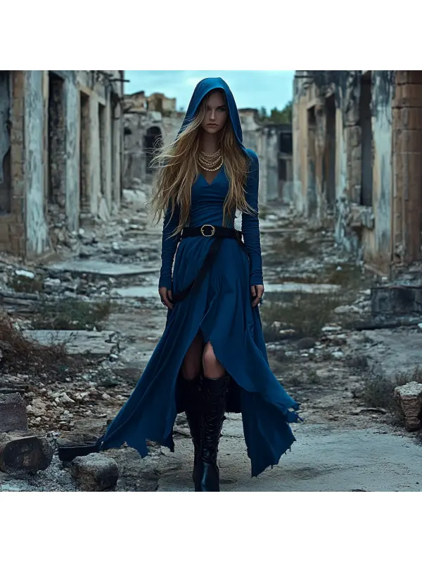 Wasteland Style Solid Color Doomsday Ruins Hooded Dress - Cominbuy.com 