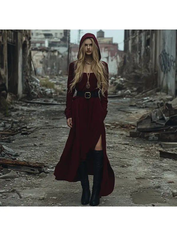 Wasteland Style Solid Color Doomsday Ruins Hooded Dress - Cominbuy.com 
