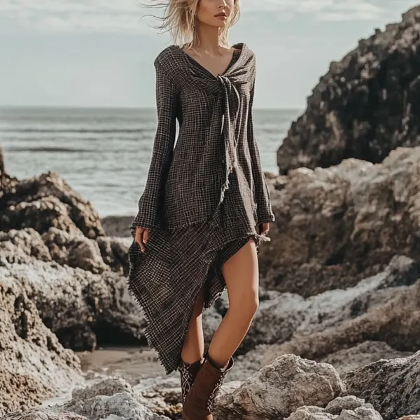Bohemian Irregular Hem Pile Collar Linen Dress - Anurvogel.com 