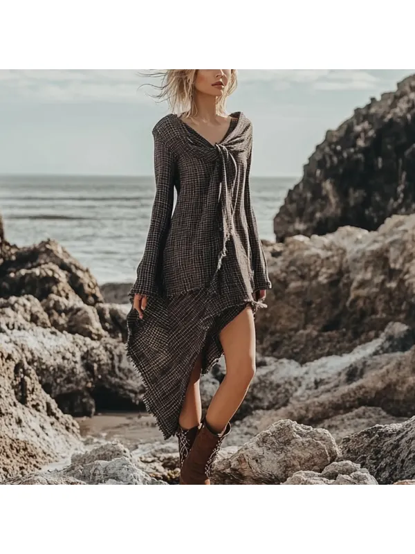 Bohemian Irregular Hem Pile Collar Linen Dress - Ootdmw.com 