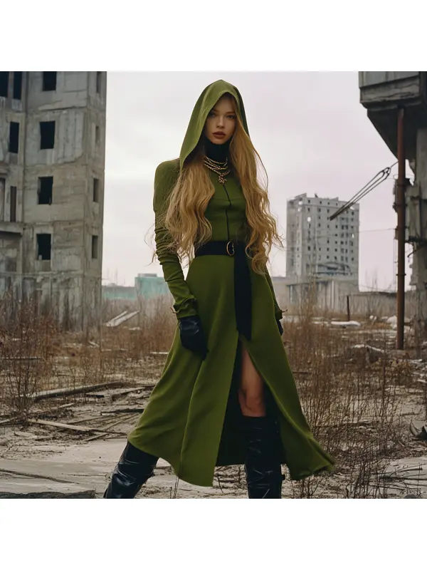 Wasteland Style Solid Color Doomsday Ruins Hooded Dress - Cominbuy.com 
