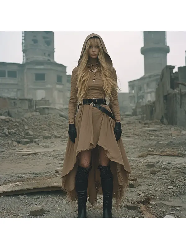Wasteland Style Solid Color Doomsday Ruins Hooded Dress - Cominbuy.com 