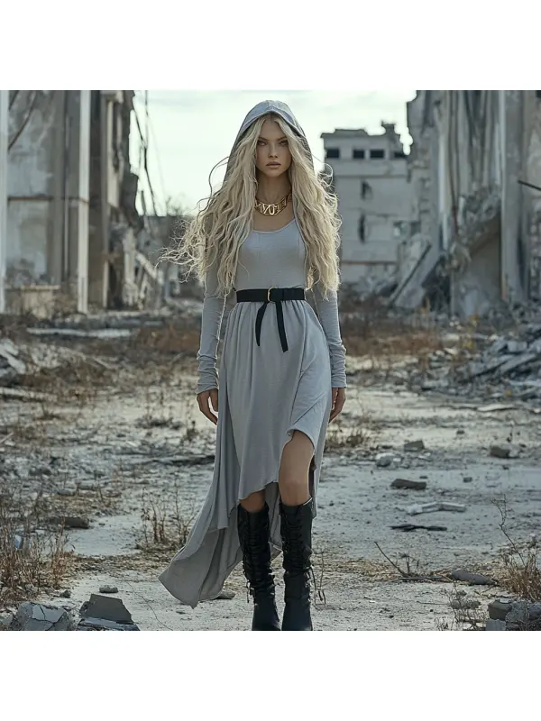 Wasteland Style Solid Color Doomsday Ruins Hooded Dress - Cominbuy.com 