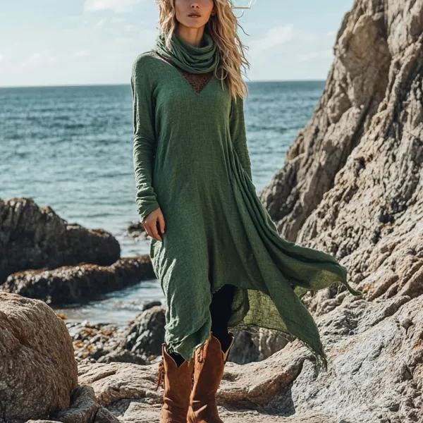 Bohemian Irregular Hem Pile Collar Linen Dress - Anurvogel.com 