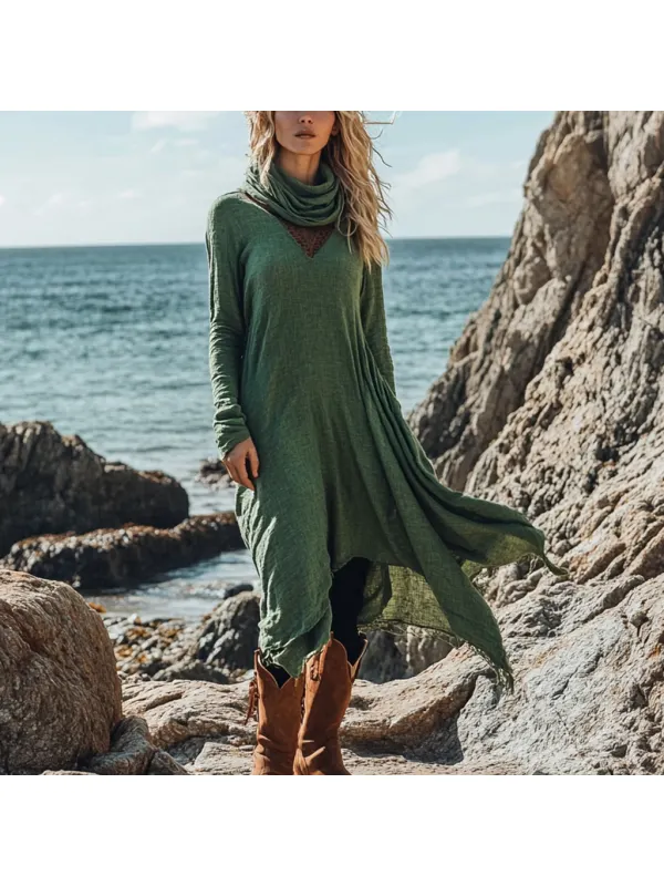 Bohemian Irregular Hem Pile Collar Linen Dress - Viewbena.com 