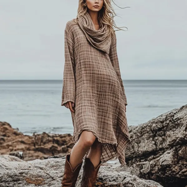 Bohemian Irregular Hem Pile Collar Linen Dress - Anurvogel.com 
