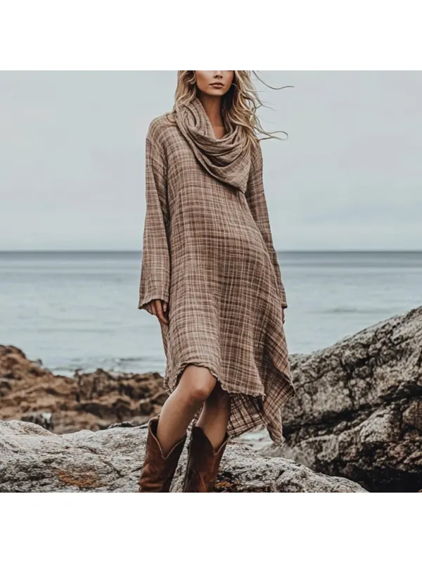 Bohemian Irregular Hem Pile Collar Linen Dress - Cominbuy.com 