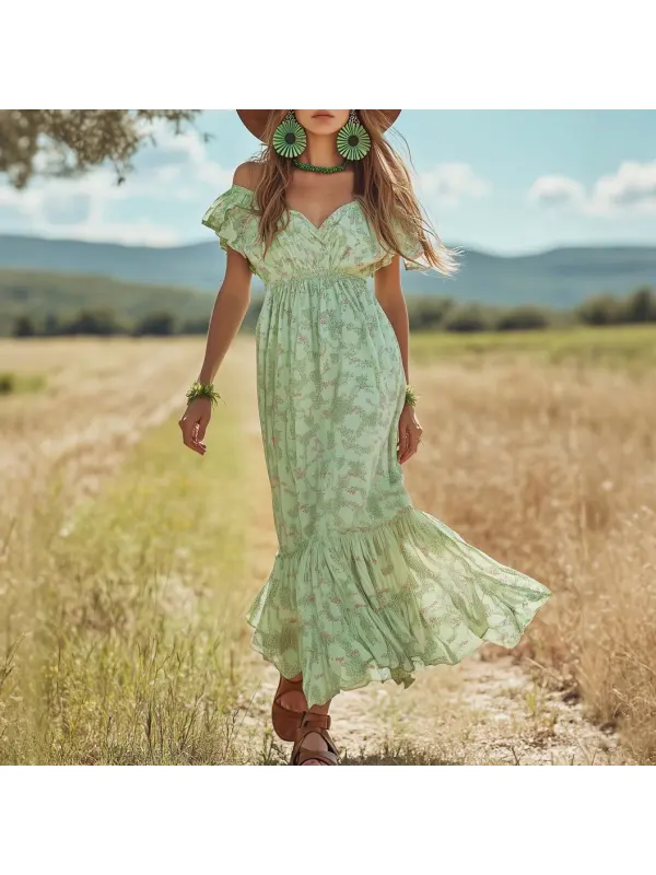 Elegant Holiday Style Spring Summer Light Green Small Floral Off-shoulder Maxi Dress - Cominbuy.com 
