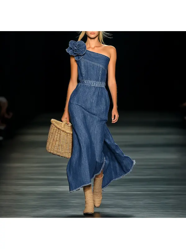 Elegant Strapless Denim 3D Floral Maxi Dress - Viewbena.com 