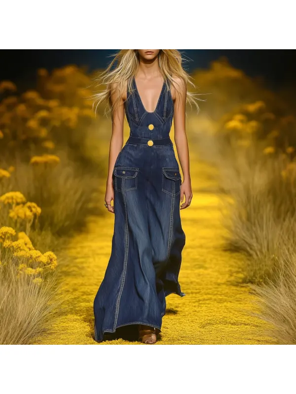 Elegant Suspender Pocket Denim Maxi Dress - Machoup.com 