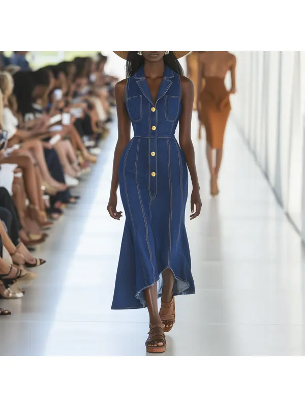 Rural Denim Sleeveless Button Midi Dress - Viewbena.com 