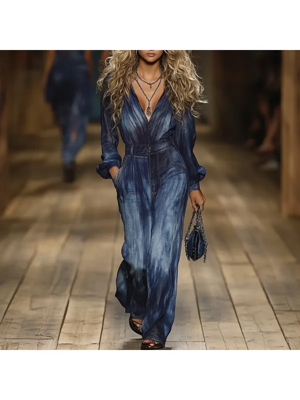 Fashion Faux Denim Print Long Sleeve Jumpsuit - Viewbena.com 
