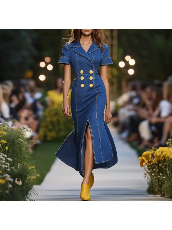High-end Elegant Everyday Blue Denim Gold Metal Button Slit Maxi Dress - Machoup.com 