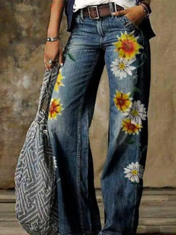 Denim Print Loose Retro Pants - Geocici.com 