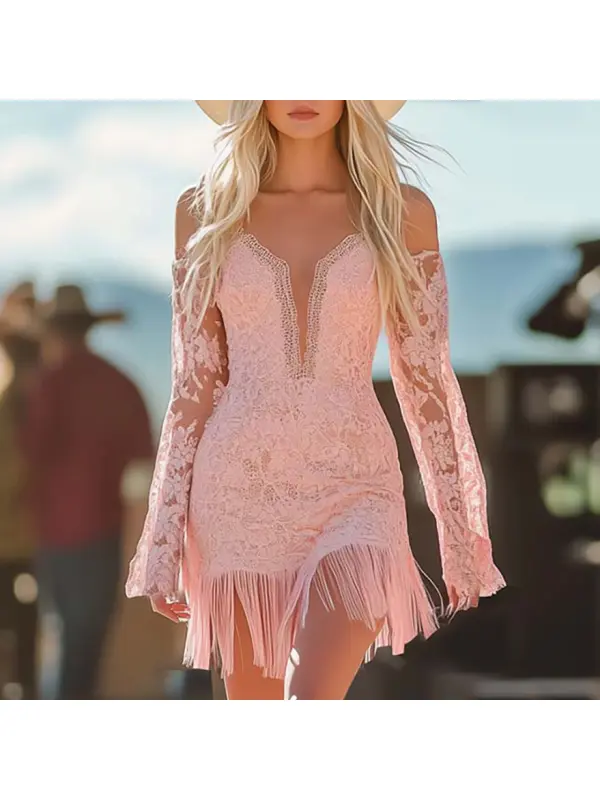 Fashion Western Spaghetti Strap Off-Shoulder Hem Tassel Pink Lace Mini Dress - Viewbena.com 