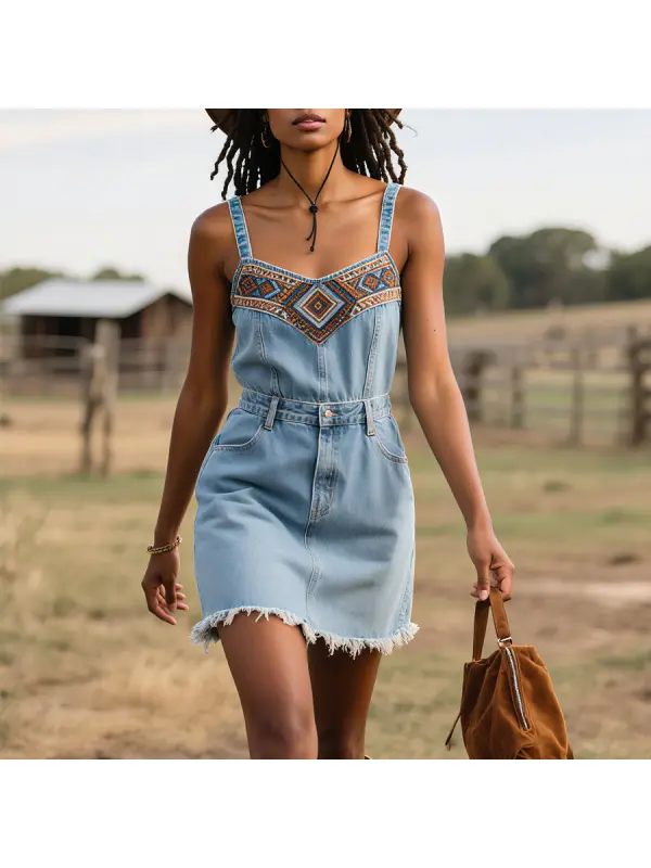 Casual Vintage Blue Denim Ethnic Suspender Mini Dress - Cominbuy.com 