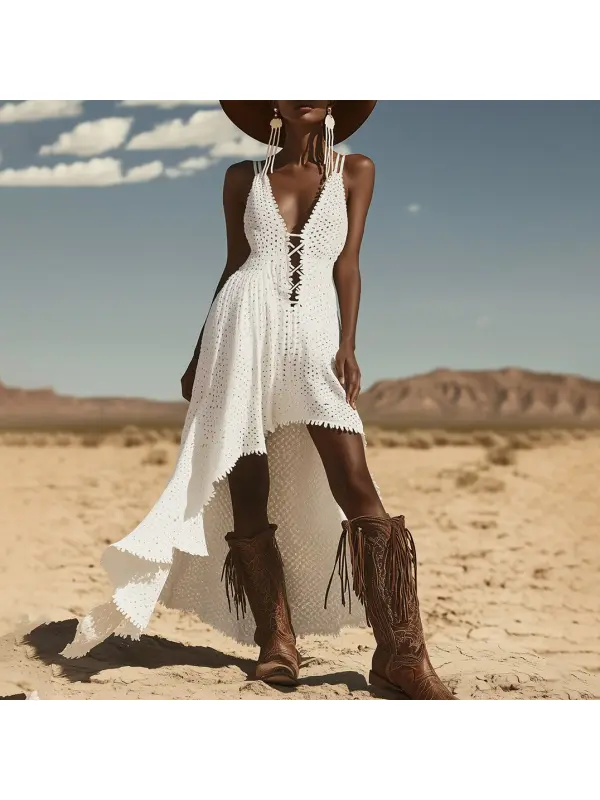 Retro Western Style Mesh Suspenders With Irregular Hem White Maxi Dress - Tulipace.com 