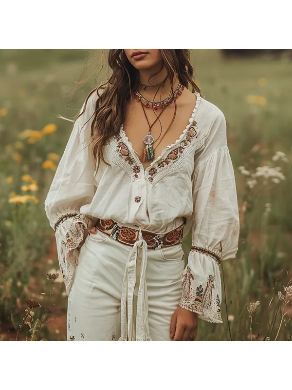 Bohemian Chic Embroidered White Blouse In A Floral Field - Cominbuy.com 