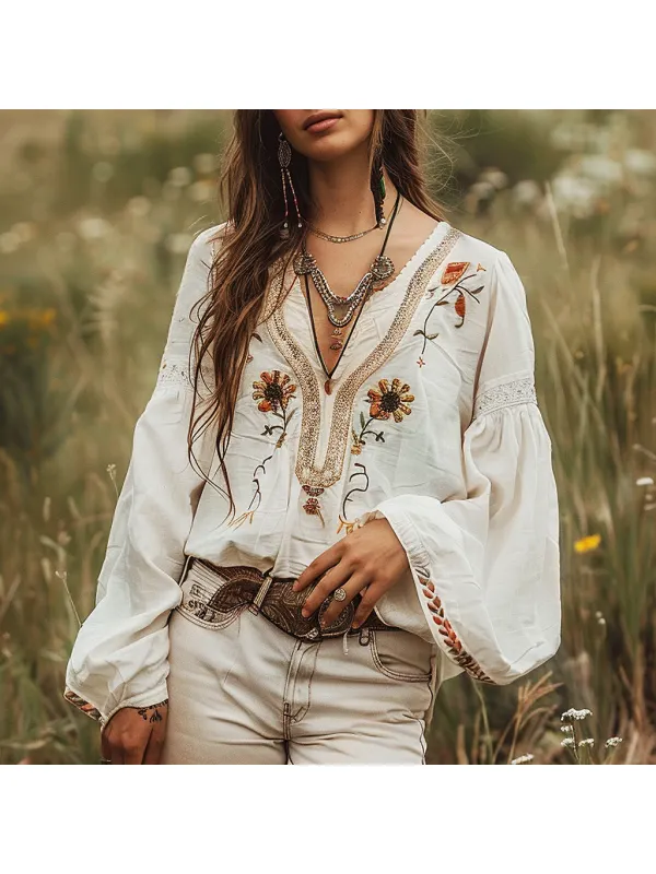Bohemian Floral Embroidered Blouse With Bell Sleeves - Cominbuy.com 