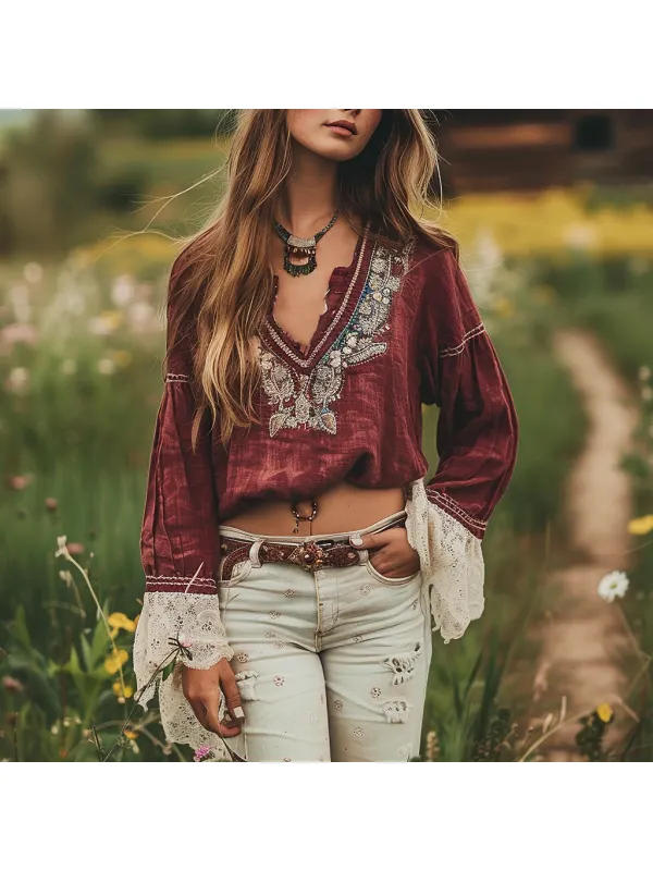 Vintage Bohemian Floral Dark Red Embroidered Shirt - Tulipace.com 