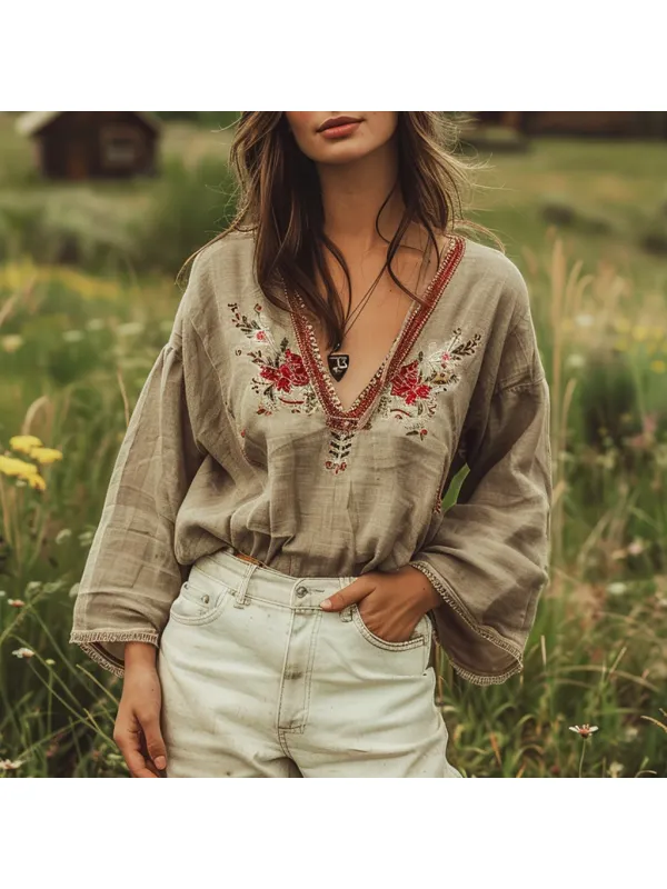 Vintage Bohemian Floral Embroidered Shirt - Cominbuy.com 