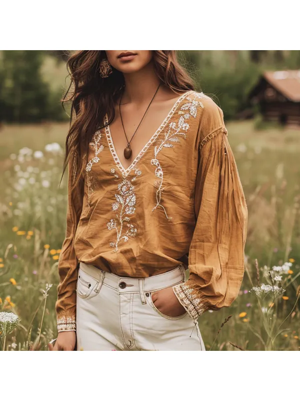 Vintage Bohemian Floral Yellow-Brown Embroidered Shirt - Viewbena.com 