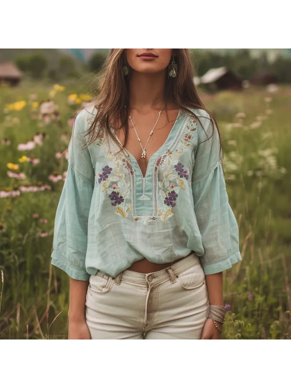 Bohemian Floral Embroidered Blouse In Light Blue - Tulipace.com 