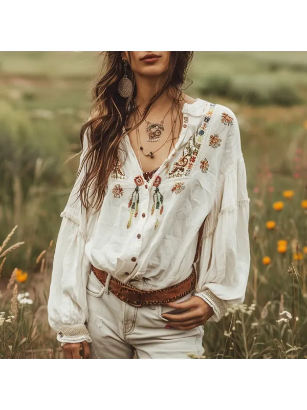 Bohemian Embroidered White Blouse In A Floral Field - Viewbena.com 