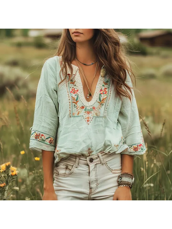 Vintage Bohemian Floral Light Blue Embroidered Shirt - Machoup.com 